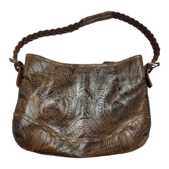 Leaders in Leather Handtooled Classic Tooled  Shoulder Bag Medium Braided Strap - Picture 1 of 12